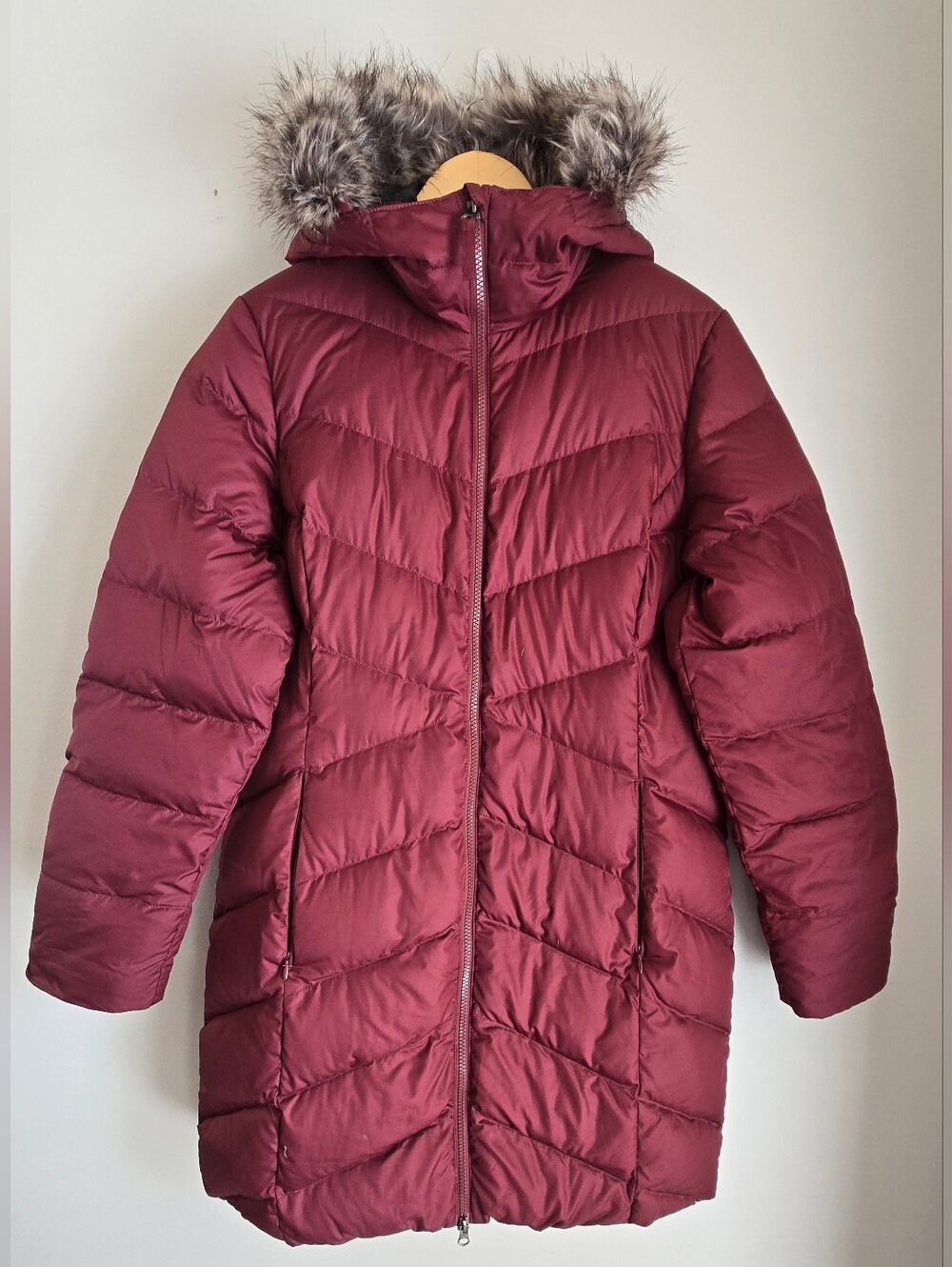 Eddie Bauer Long Burgundy Quilted Puffer Coat with Faux Fur Hood